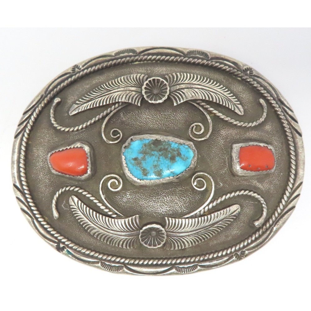 Al Joe Navajo Sterling Silver Turquoise Coral Belt Buckle Signed Artisan 76g