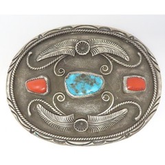Al Joe Navajo Sterling Silver Turquoise Coral Belt Buckle Signed Artisan 76g