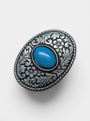 Western Native American Oval Silver Tone Metal Aqua Stone Metal Belt Buckle Vtg
