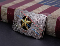 WESTERN COWBOY LONG HUGE SLIVER GLOD TEXAS RANGER STAR RODEO TROPHY BELT BUCKLE