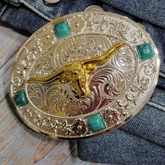 Longhorn Western belt Buckle oval Gold Silver Heavy blue stone accents
