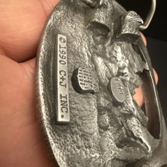 NICE PEWTER 1990 C + J INC DEER SCENE AND ANTLER BELT BUCKLE MADE IN USA