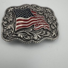 Patriotic American Flag Western Belt Buckle Silver Tone Red Blue Enamel Stars