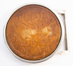 70s Round Tooled Leather American Eagle Great Seal Belt Buckle Chrome Frame