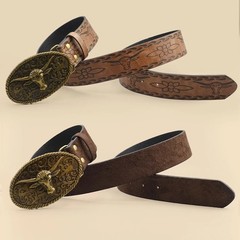 Retro Western Style Casual Belt with Antiqued Alloy Bullhead Buckle, a Versatile
