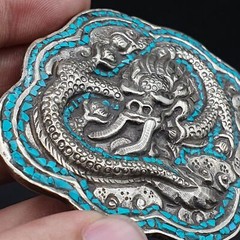 AA BIG MEN&rsquo;S VINTAGE Natural Turquoise Metal Silver Gild Engrave Dragon Belt
