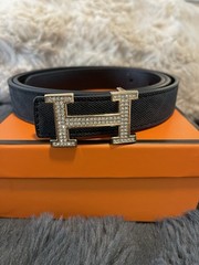 Hermes Look Black Charcoal Belt Gold Diamanté H Buckle With Box Size 34 Inch