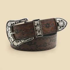 Vintage Carved Buckle Belt for Women Men – Brown Textured Floral Print.