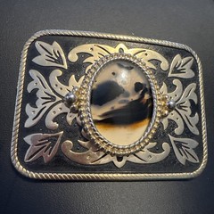 Vintage Belt Buckle Western Style Gold Ornate with Large Brown Oval Stone