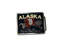 Vintage 1984 Alaska Silver Anniversary Belt Buckle Enamel Metal Bear Dall Sheep