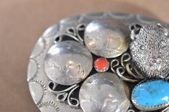 VINTAGE INDIAN BUFFALO HEAD NICKEL FIVE CENT TURQUOISE CORAL BELT BUCKLE