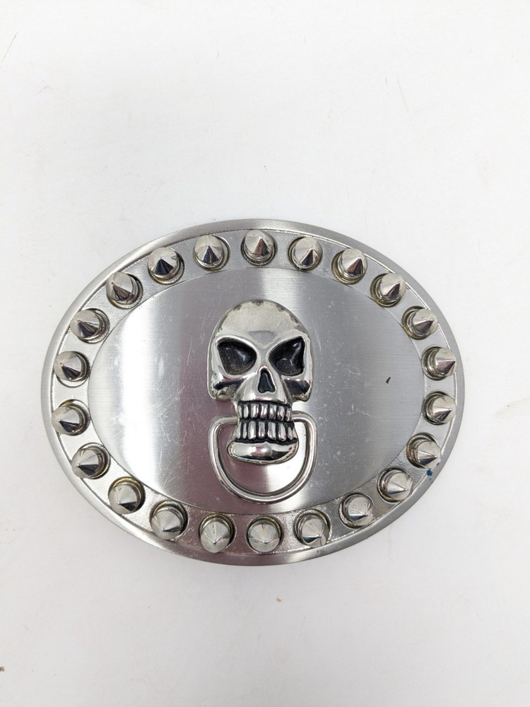 Silver Tone Oval Skull Belt Buckle With Spikes 1.5&Prime; Loop, 3.5&Prime; x 4&Prime; Goth, Biker