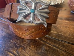 Navajo James Reid Style Sterling silver turquoise￼ Buckle￼ 33-35-1.5”🐂✅