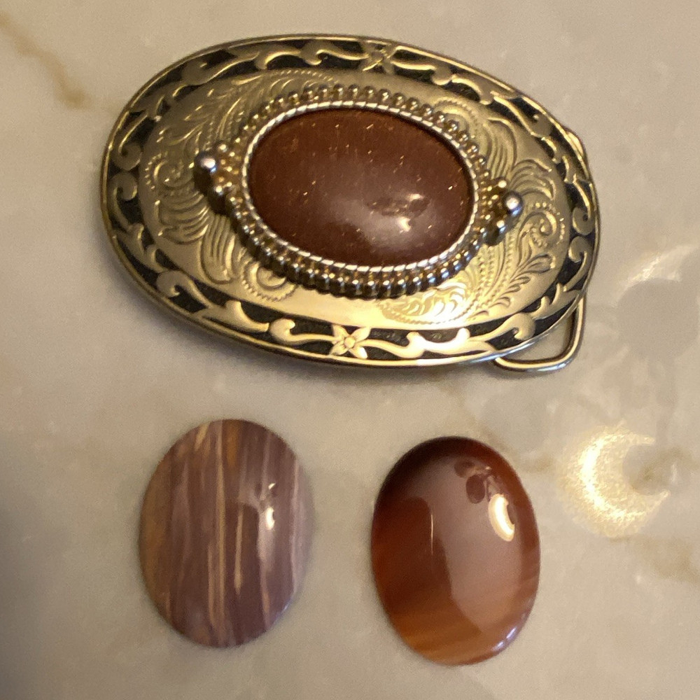 Men&rsquo;s Gold Tone Oval Western Belt Buckle Brown Stone + 2 Extra Ovals