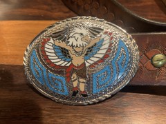 VTG INDIAN CHIEF W/BIRD MASK Eagle Belt Buckle AND LEATHER BELT 38&Prime;NICE!!!USA
