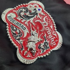 Western belt buckle 3.5×4 inches red and silver