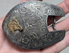 vintage MONTANA SILVERSMITHS belt buckle SILVER PLATE western HORSE engraved