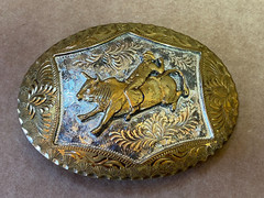 Vtg GERMAN SILVER Rodeo WESTERN Horse BELT BUCKLE Sterling Silver Plate GoldTone