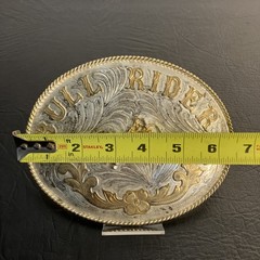 Vintage Silver & Gold OVERSIZED &lsquo;BULL RIDER&rsquo; BELT BUCKLE w/ Gold rope trim West