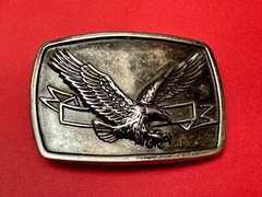 American Eagle With Wings Wide Flying High In Front Of Ribbon Belt Buckle