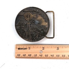 1974 Kansas Windmill Belt Buckle Round Antique Brass Lewis Buckles Chicago