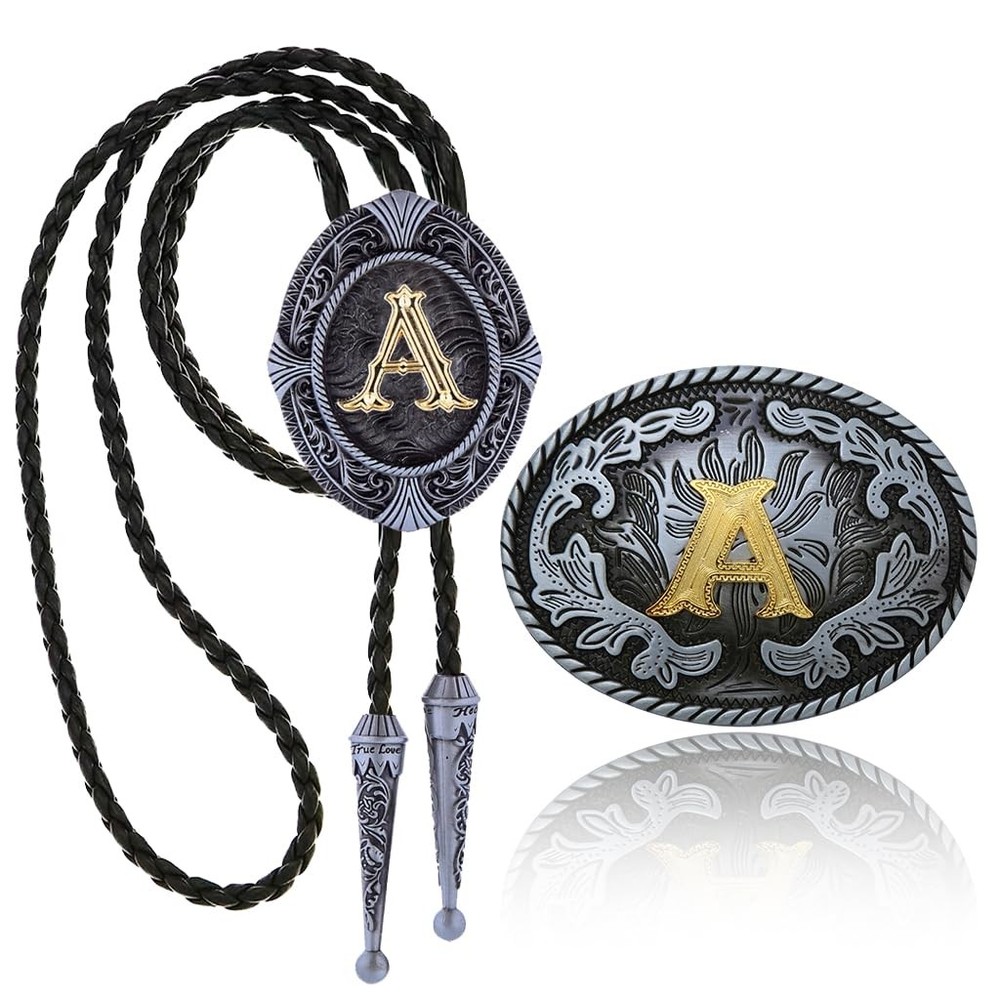 Fibbadet 2Pcs Belt Buckle Bolo Tie Set for Men, Western Cowboy Standard, 1#