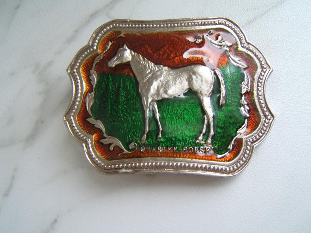 VINTAGE QUARTER HORSE ENAMEL BELT BUCKLE #2051
