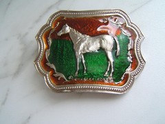 VINTAGE QUARTER HORSE ENAMEL BELT BUCKLE #2051