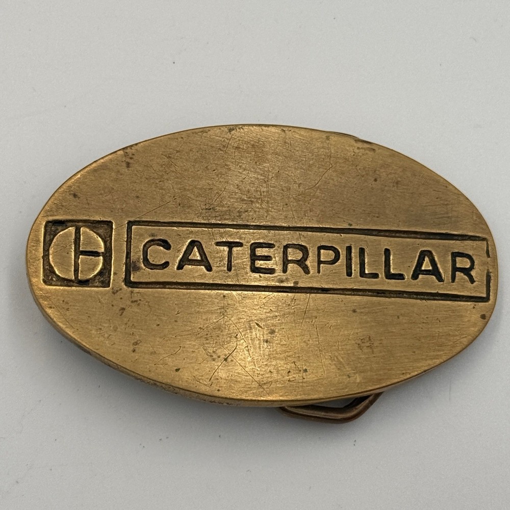 Vintage Caterpillar Belt Buckle Solid Brass Oval Logo 4080 Taiwan ROC Gold Tone