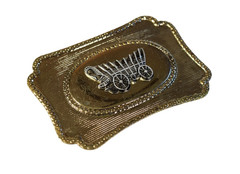 Vintage Two Tone Western Covered Wagon Belt Buckle Gold Silver Tone 1970s