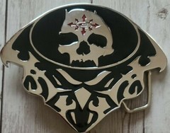 Oker Brand ~ Silver & Black ~ Skull Design Belt Buckle ~ 4.25&Prime; Wide x 3.25&Prime; Tall
