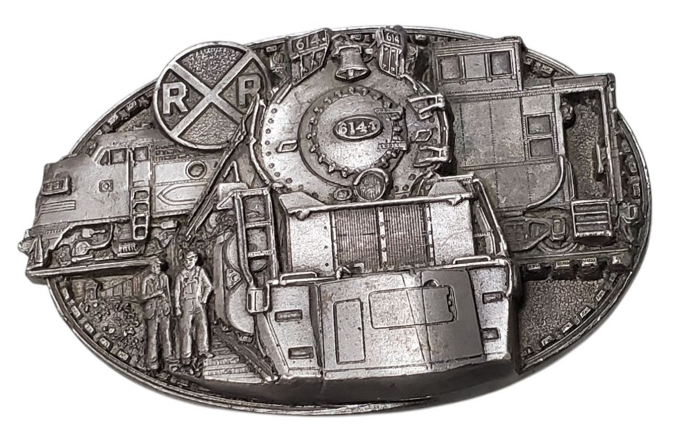 Vtg C&J Pewter Belt Buckle CJ 1050 Steam Train Locomotive Railroad 1986 USA