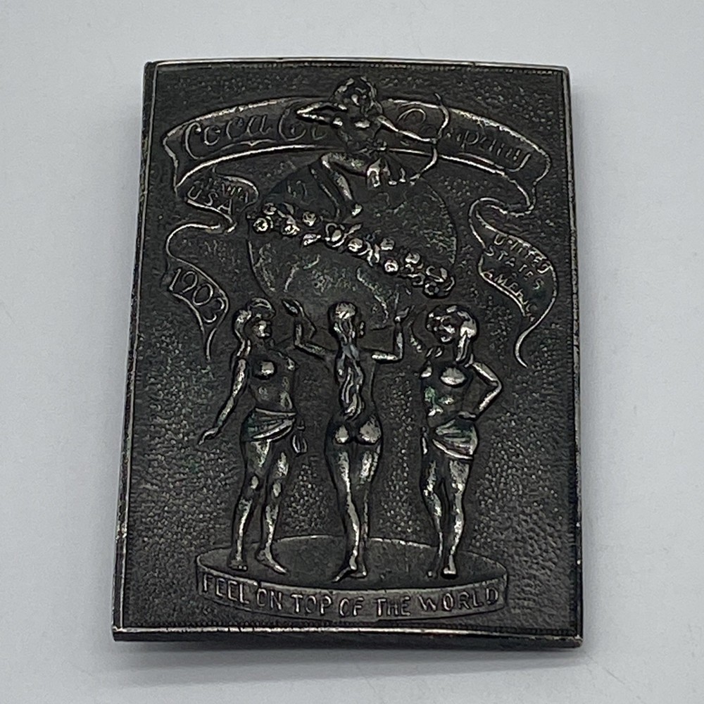 Coca-Cola Brass Belt Buckle ‘Feel On Top Of The World’ Topless Ladies VTG