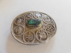 Silver Blue Green Turquoise Oval Symbol Belt Buckle