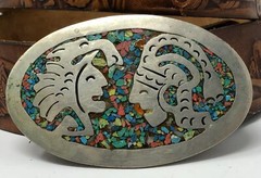 Vintage Mexico Color Stone Inlay Aztec Warrior Inca Mayan Silver Belt Buckle