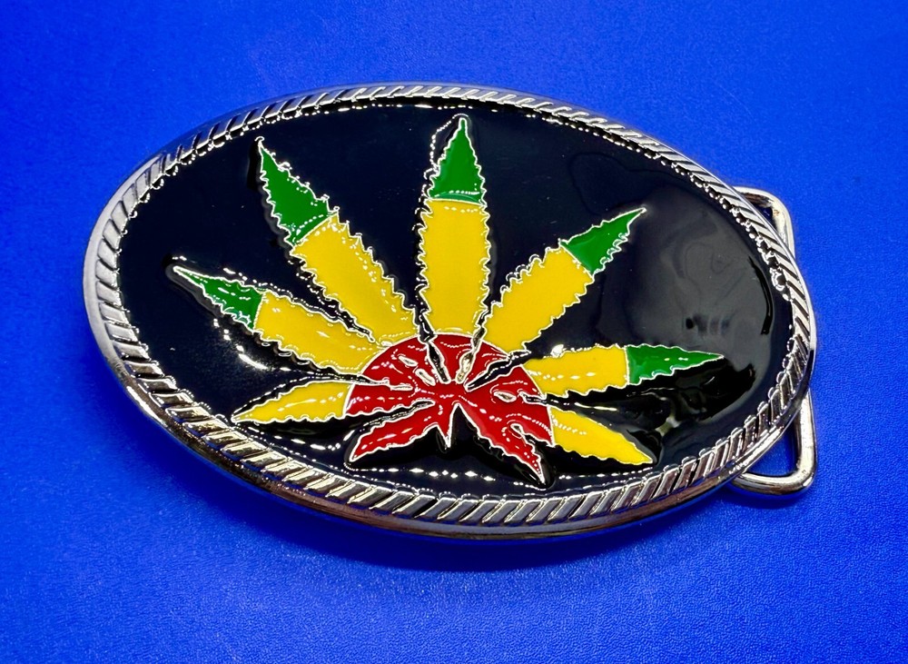 Marijuana Cannabis Pot Leaf Weed Enameled Rasta Colors New 4&Prime; Wide Belt Buckle