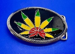 Marijuana Cannabis Pot Leaf Weed Enameled Rasta Colors New 4&Prime; Wide Belt Buckle