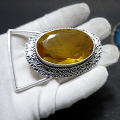 Handcrafted 925 Sterling Silver Citrine Quartz Faceted Oval Belt Buckle