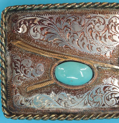 VTG Turquoise Etched Silver & Gold Tone Western Belt Buckle
