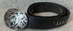 Vintage Metal Belt Buckle, Alpaca Silver and Abalone W/ Harley Davidson Belt
