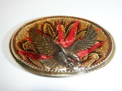 1980s EAGLE with REAL FEATHERS BELT BUCKLE MADE USA GOLD METAL RESIN VINTAGE #6