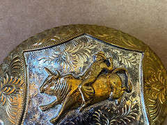 Vtg GERMAN SILVER Rodeo WESTERN Horse BELT BUCKLE Sterling Silver Plate GoldTone