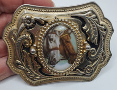 Vintage Two Horse Head Cameo Belt Buckle Equestrian Racing