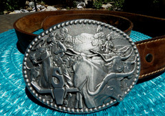 ZEE SERIES OKLAHOMA ADM MEN&rsquo;S CATTLE DRIVE WESTERN BELT BUCKLE AND BELT 37&Prime;-42&Prime;