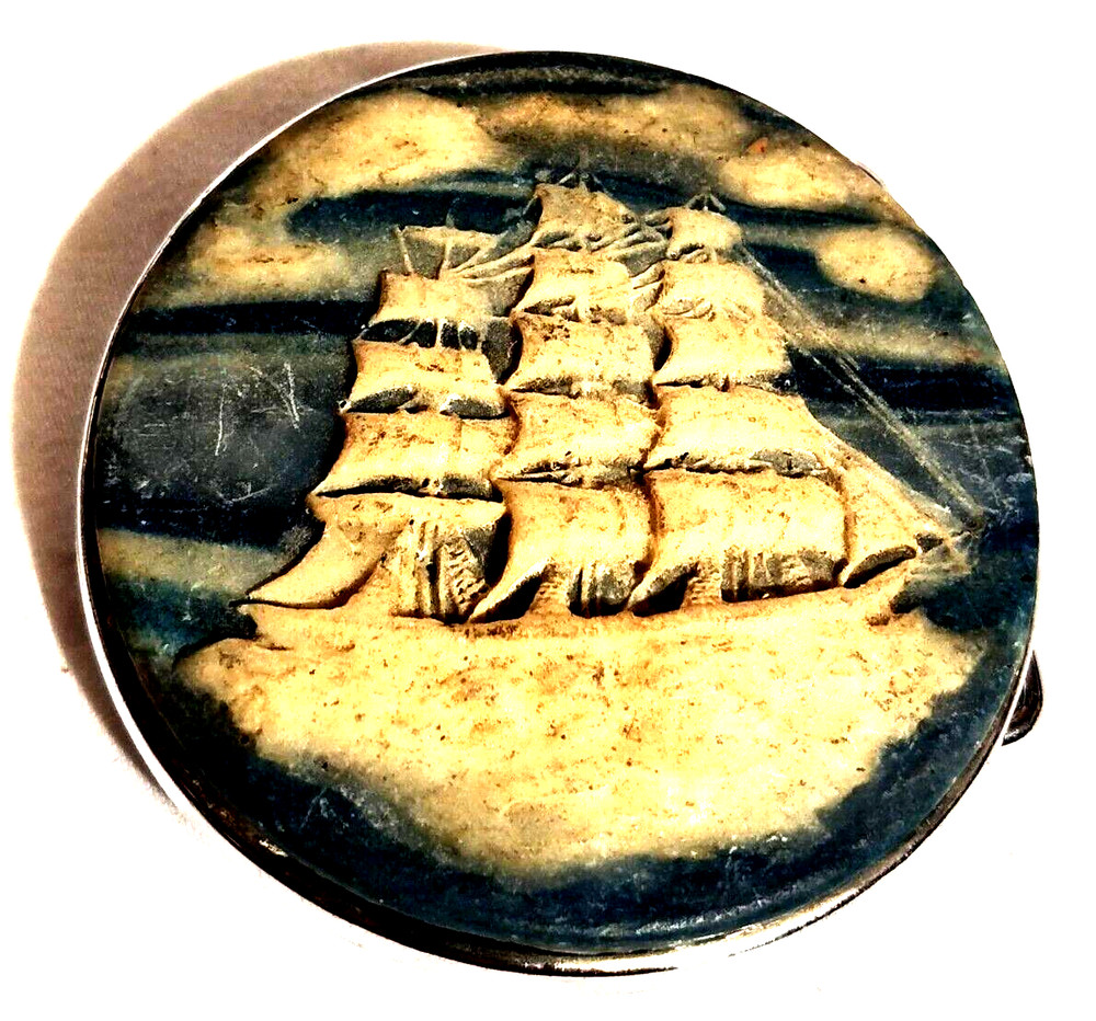VTG Belt Buckle Blue & White 3-Masted Ship Cameo Carved H.J. Orbit Corp 1970&rsquo;s