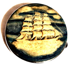 VTG Belt Buckle Blue & White 3-Masted Ship Cameo Carved H.J. Orbit Corp 1970&rsquo;s