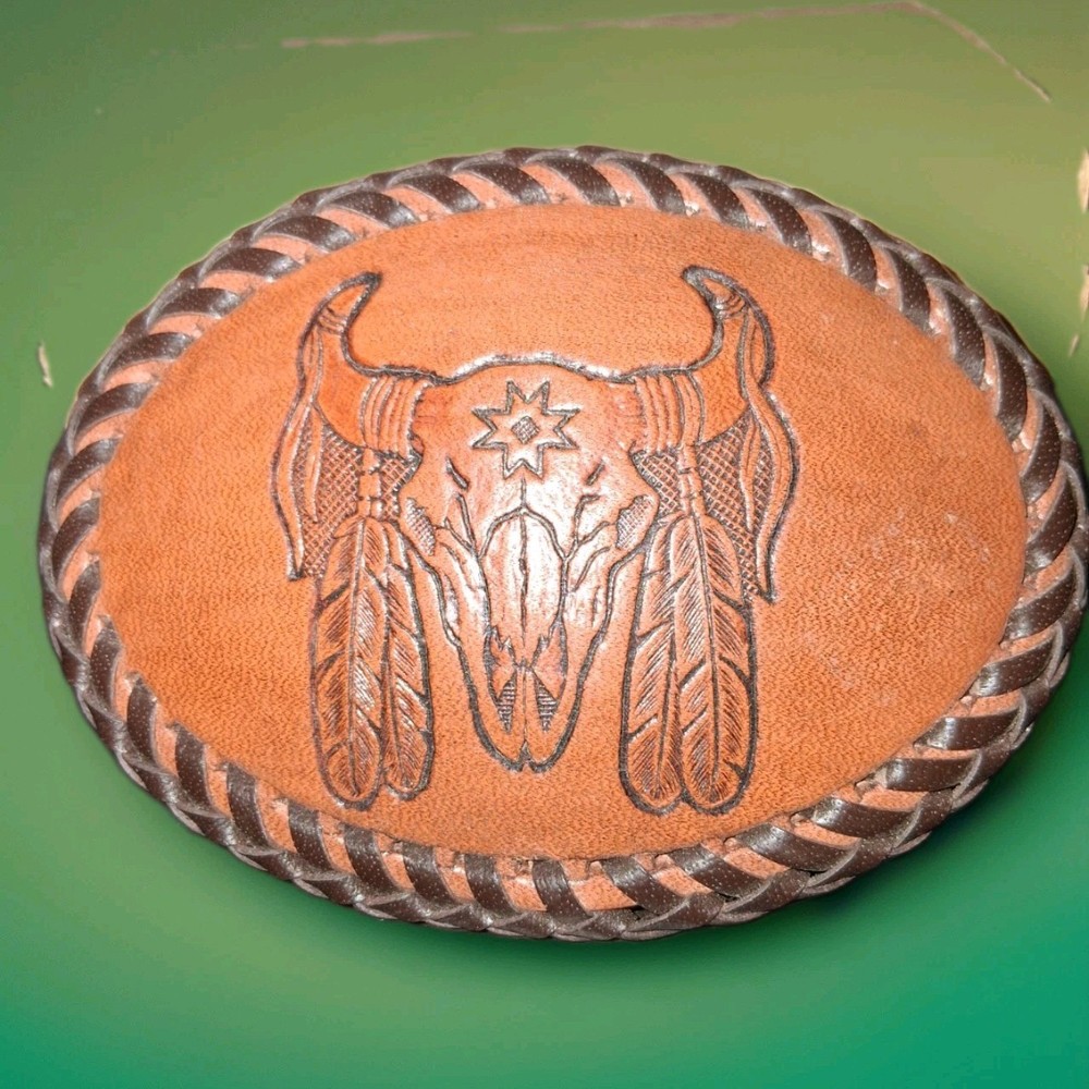 Handmade Leather Tooled Native Steer Head Belt Buckle 4&Prime; X 3&Prime;