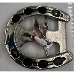 VTG Silver Tone Horseshoe Belt Buckle Mallard Duck Enameled Western Hunting