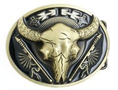 Native American Indian Buffalo Skull w/ Spears Bronze Black Enamel Belt Buckle