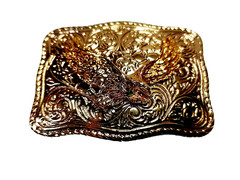 EAGLE Belt BUCKLE Gold on Silver Rectangular Metal w Rope Edge Western/Biker/USA
